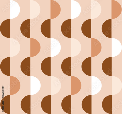 Retro geometric pattern with a wavy design using semi-circles and vertical lines. The color palette consists of warm, earthy tones, various shades of orange, brown, and a light, cream background.