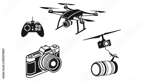 Illustration of drone camera remote and lens on a white background