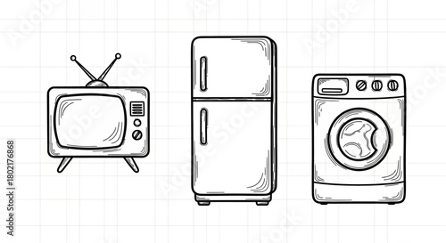 Vintage style sketch of retro appliances: television, refrigerator, washing machine