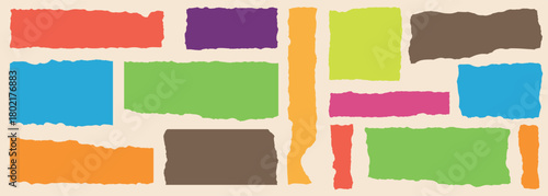 Torn sheets of paper. Colorful ripped paper frame. Collage craft shape and torned sheets. Ripped edge borders for scrapbook, design layouts. Vector textures silhouettes background.