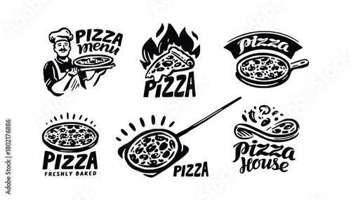 Collection of pizza logos featuring pizza slices and pizza chefs art