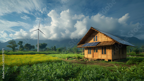 Old wooden farm house and windmill standing in a green grassy field under a blue summer sky with clouds in the rural landscape