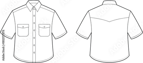 Technical fashion flat sketch of short sleeve button-up shirt, front and back view, chest pockets, classic collar, curved hem, garment construction