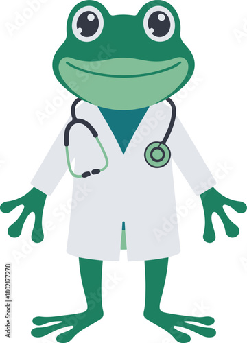Cute cartoon frog doctor wearing a stethoscope and lab coat