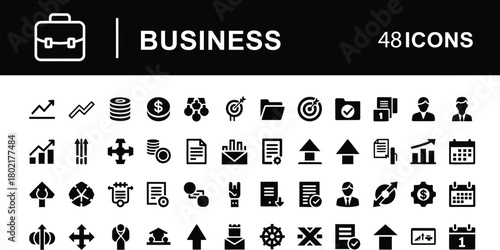Business and corporate management concept with black glyph icons set, minimal symbols collection of financial planning, strategy development, target marketing, and office work.