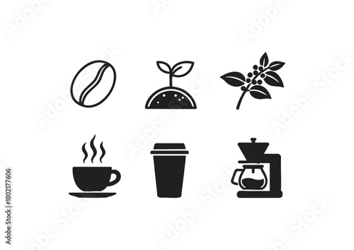Coffee icons representing the life cycle and preparation, isolated on white background