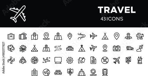 Travel and global tourism adventure concept with black glyph icons set, minimal symbols collection of airport navigation, transportation, vacation planning, and luggage.