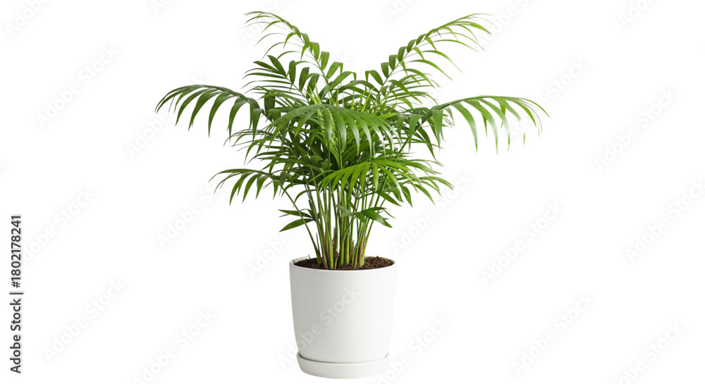 Obraz premium Lush Areca Palm Houseplant in White Pot for Bright Home Decor and Office Interior Design