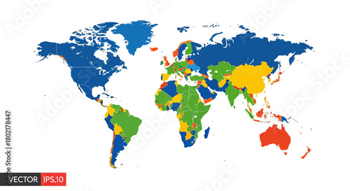 Colorful world map with detailed country borders in flat design