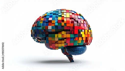 Abstract Multi colored Cubes Forming a Stylized Brain Sculpture on White Background
