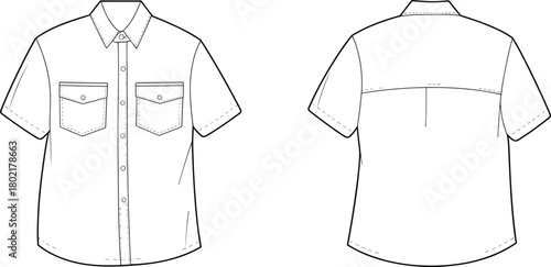 Technical fashion flat sketch of short sleeve button-up shirt, front and back view, chest pockets, classic collar, garment construction, pattern making