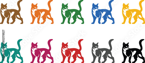 Standing cat silhouettes in various colors feline, Colorful upright cat icons for design