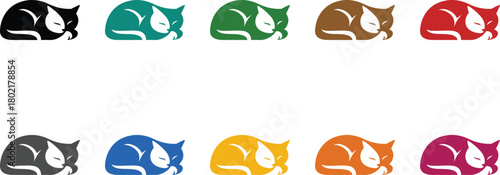 Sleeping cats in various colors on white background, Colorful dreaming cat icons