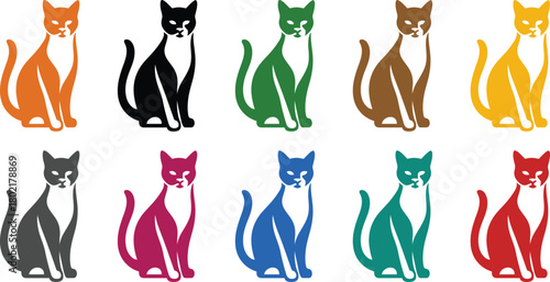 Stylized cats sitting in different colors on white background, Colorful feline silhouettes