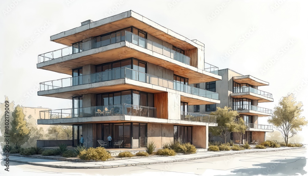 Obraz premium Architectural concept sketches show modern multi-story building design with balconies and glass walls. Artistic draft details residential structure blueprints. Watercolor and ink illustration.