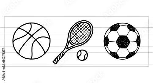 Hand drawn sports equipment: basketball, tennis, soccer ball sketches on white background