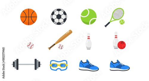 Sports equipment icons set featuring balls, gear, and accessories