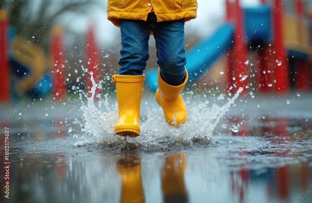 Fototapeta premium Child in yellow boots jumps puddles. Kid plays happily in rain after storm. Outerwear clothes keep dry. Water splashes around feet. Fun outdoor activity.