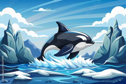 Black and white orca rises dramatically through arctic sea ice vectororca, killerwhale, ice, arctic, sea, breach, cold, mammal, ocean, wil, cold mist swirling as its dorsal fin cuts through frozen air
