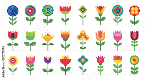 Folk Art Flower Icons Set Spring Garden Design Elements for Web Print Decor