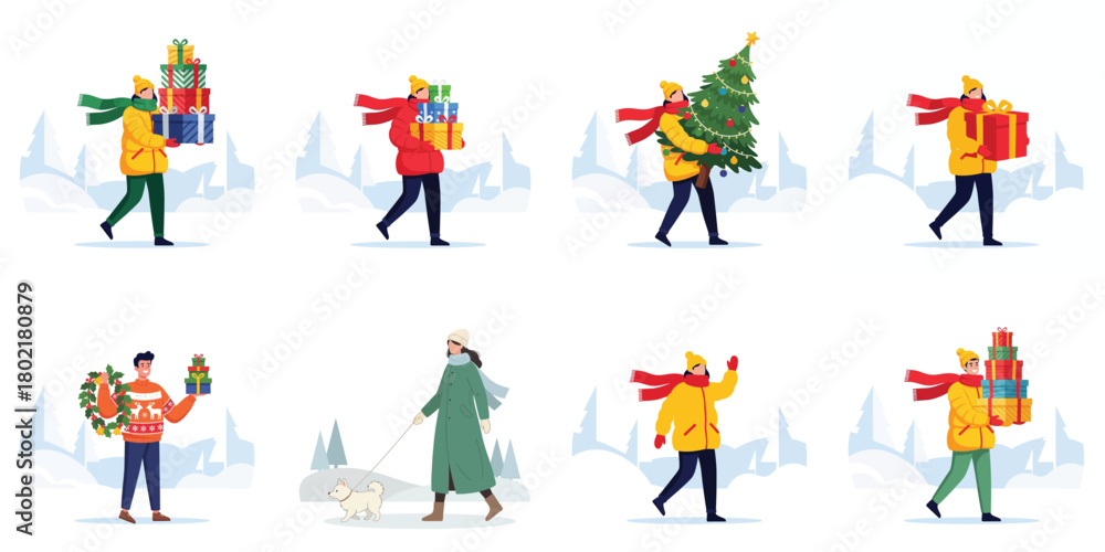 Fototapeta premium Collection of diverse people carrying Christmas gifts and festive items in a snowy winter landscape vector illustration set.