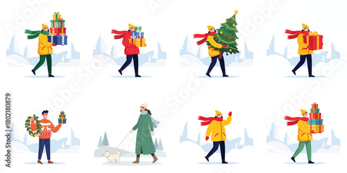 Collection of diverse people carrying Christmas gifts and festive items in a snowy winter landscape vector illustration set.