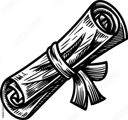 Graduation diploma scroll illustration hand drawn rolled certificate with ribbon, vintage education symbol, achievement concept