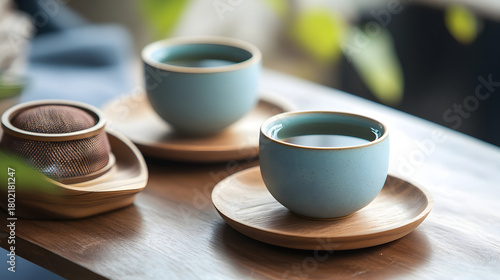 Hot coffee drink in a white cup and saucer on a cafe table