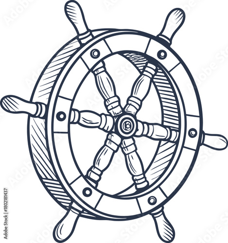 Vintage ship steering wheel isolated nautical marine helm icon, maritime navigation concept, sea adventure element