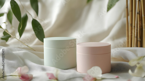 White cosmetic cream jar and orchid flower on towel for natural spa beauty care treatment