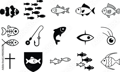 Fish icons collection featuring aquatic symbols, fishing hook graphics, marine illustrations, and simple line art designs for ocean and underwater themed projects