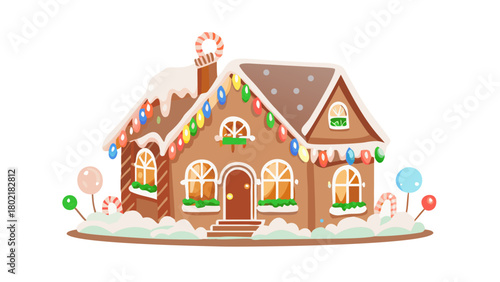 A cozy gingerbread house decorated with candy canes, icing, and glowing Christmas lights