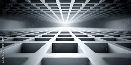 Fototapeta Naklejka Na Ścianę i Meble -  Futuristic metal tunnel with grid pattern and radiant horizon light, symbolizing innovation, progress, and advanced technology