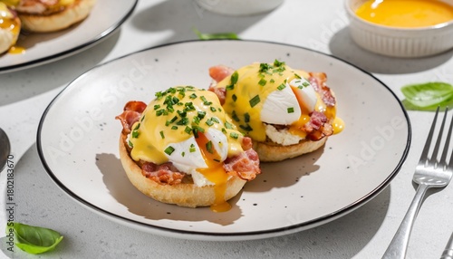 A beautifully plated classic egg benedict served on toasted English muffins with creamy hollandaise sauce, soft-poached eggs, and crispy bacon
