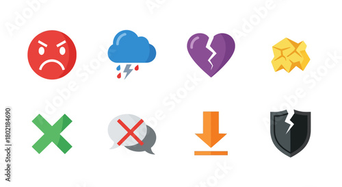 Flat style negative feedback icons: emotions, communication, weather, & security symbols