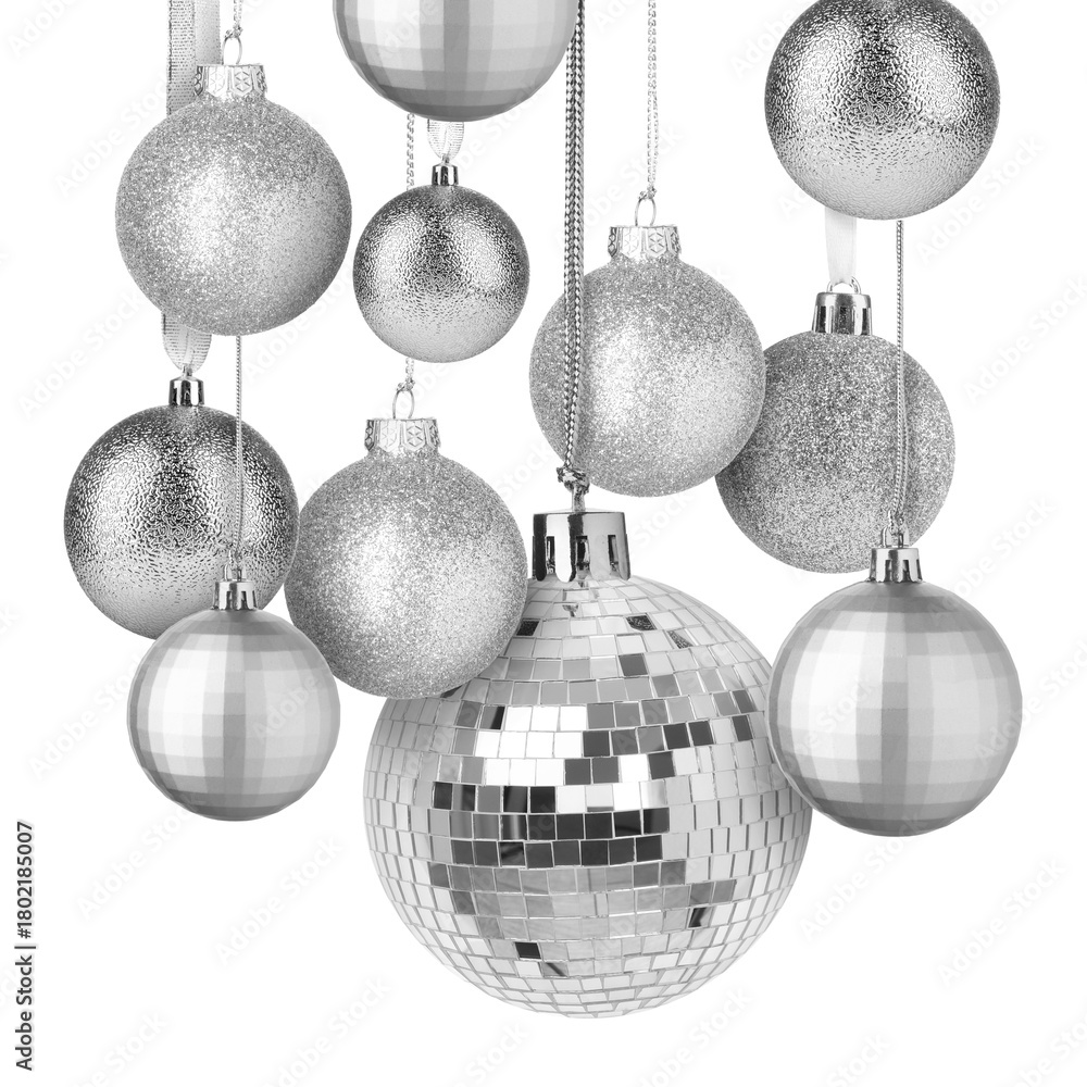 Obraz premium Shiny disco ball among Christmas ornaments on white background