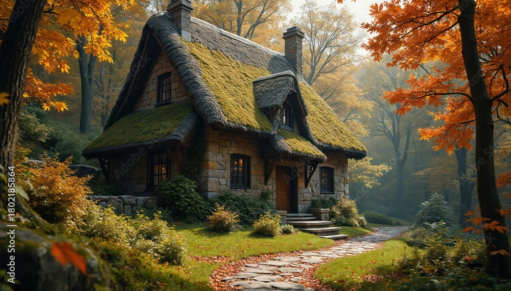 Naklejka premium Old stone cottage with mossy thatched roof sits nestled in vibrant autumn forest. Orange, yellow trees surround house. Winding stone path leads to front door. Cozy home evokes charming fairytale