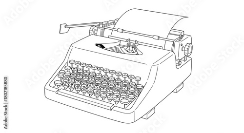 Detailed line art illustration of a vintage typewriter with a partially rolled sheet of paper, showcasing classic office equipment and writing tools.