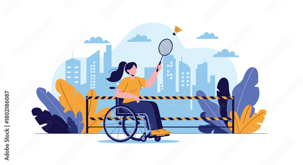 Obraz premium A determined female athlete in a wheelchair skillfully returns a badminton shuttlecock against a vibrant cityscape backdrop, showcasing inclusivity and sportsmanship.