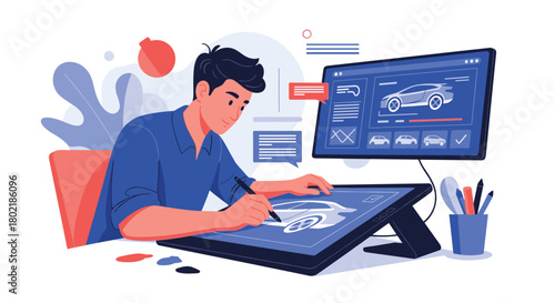 A young professional is digitally designing a car using a graphics tablet and computer, showcasing modern automotive design and technology.