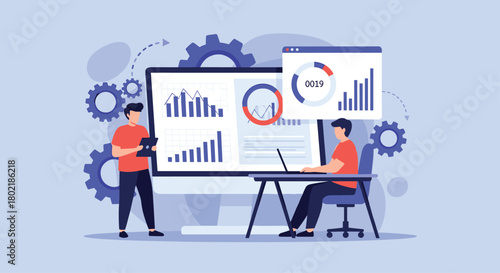 Two professionals collaborate on data analysis and business strategy, reviewing charts and graphs on a computer screen in a modern office setting.