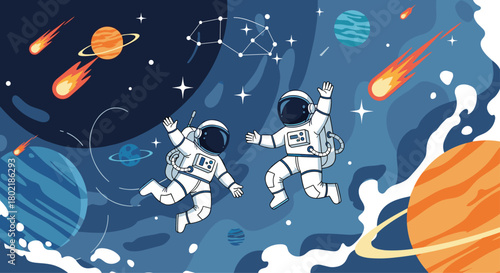Two astronauts joyfully floating in outer space amidst planets, comets, and constellations, showcasing the wonder and excitement of space exploration.