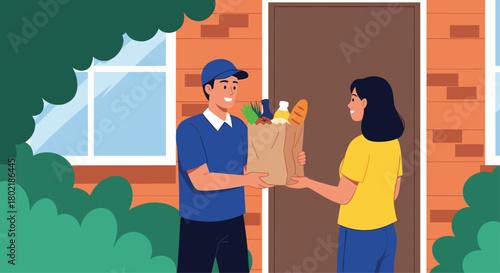 A delivery person hands a bag of groceries to a smiling woman at her front door, illustrating convenient home delivery services and modern lifestyles.