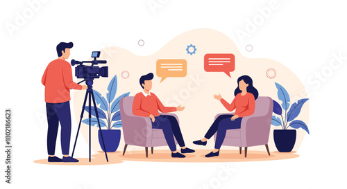 A modern studio interview scene featuring two people conversing with a videographer operating a camera on a tripod, creating engaging content.