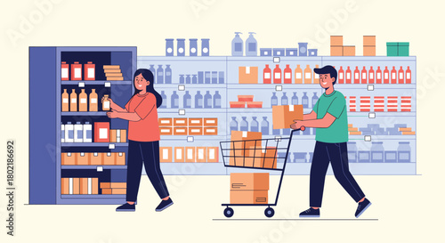 A young couple shops for groceries in a well-stocked supermarket aisle, one examining products on a shelf while the other pushes a full shopping cart.