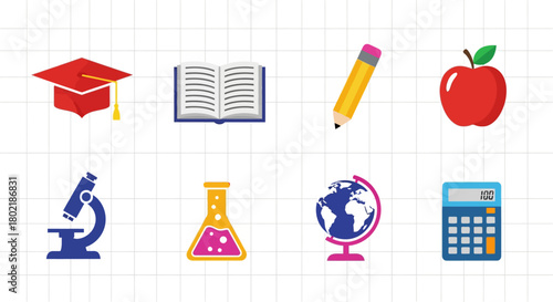 Education icons: school supplies and learning tools in colorful flat design