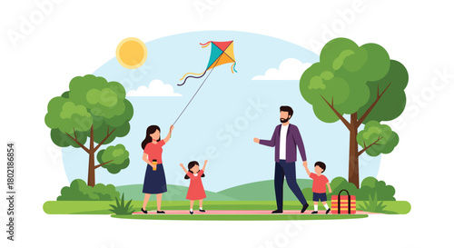 A happy family enjoys a sunny day at the park, flying a colorful kite together and creating lasting memories in a vibrant outdoor setting.