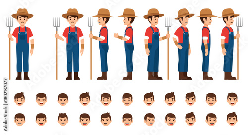 Cartoon farmer character set with various poses and facial expressions for animation or game development purposes.