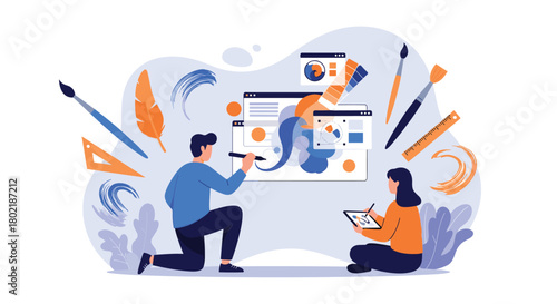Collaborative design team working on digital interfaces and creative concepts, utilizing both traditional tools and modern technology for innovative solutions.