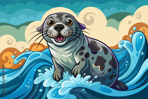 Curious harbor seal lifts its head from foamy white surf, whiskers dripping as waves crash behind it